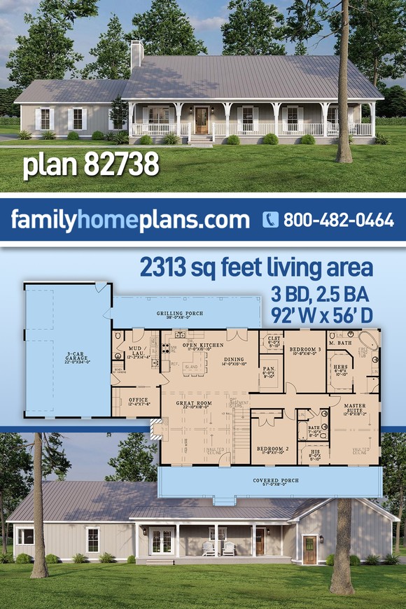 Cottage, Farmhouse, Ranch, Southern, Traditional House Plan 82738 with 3 Beds, 3 Baths, 3 Car Garage