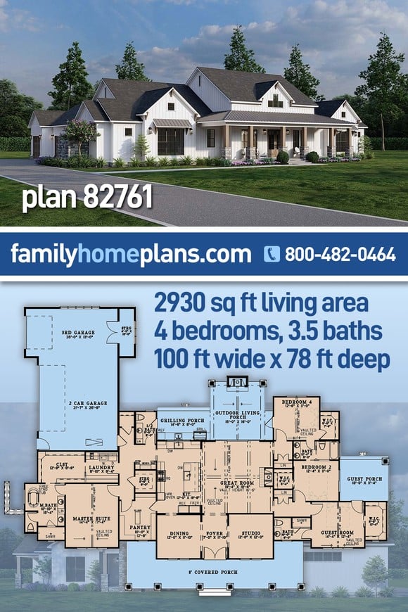 Craftsman, Farmhouse House Plan 82761 with 4 Beds, 4 Baths, 3 Car Garage