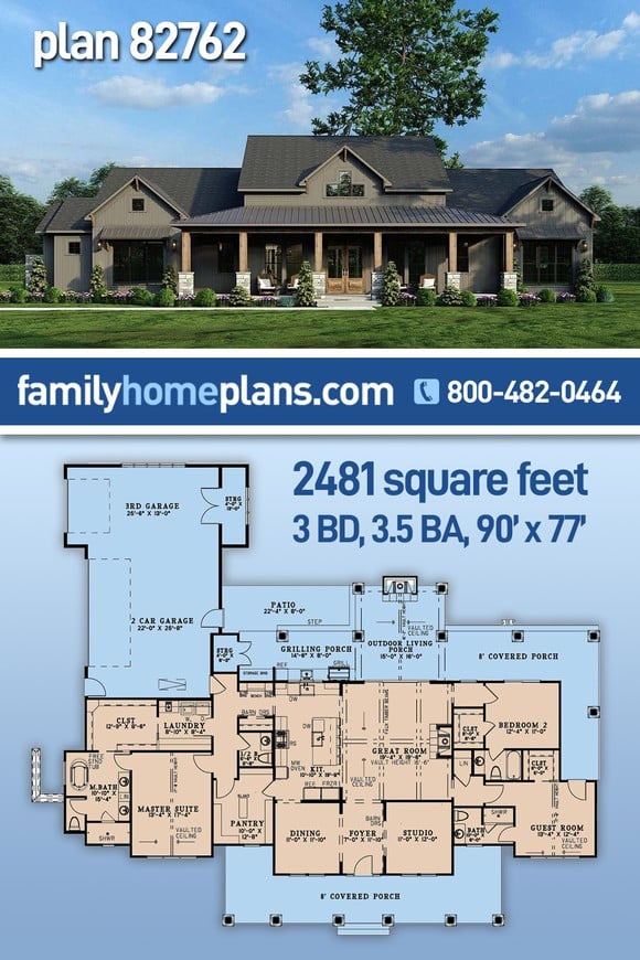 Barndominium, Country, Farmhouse, Traditional House Plan 82762 with 3 Beds, 4 Baths, 3 Car Garage
