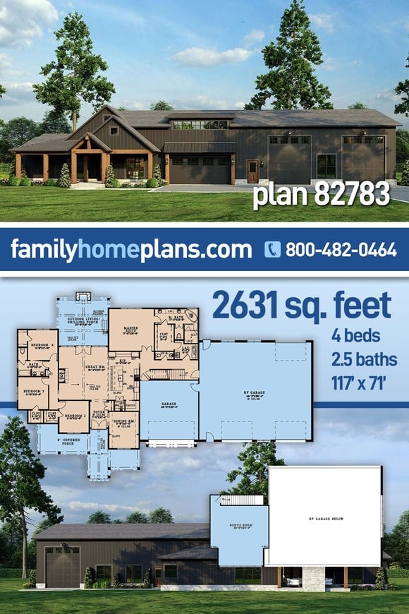 Barndominium, Country, Craftsman, Farmhouse House Plan 82783 with 4 Beds, 3 Baths, 4 Car Garage