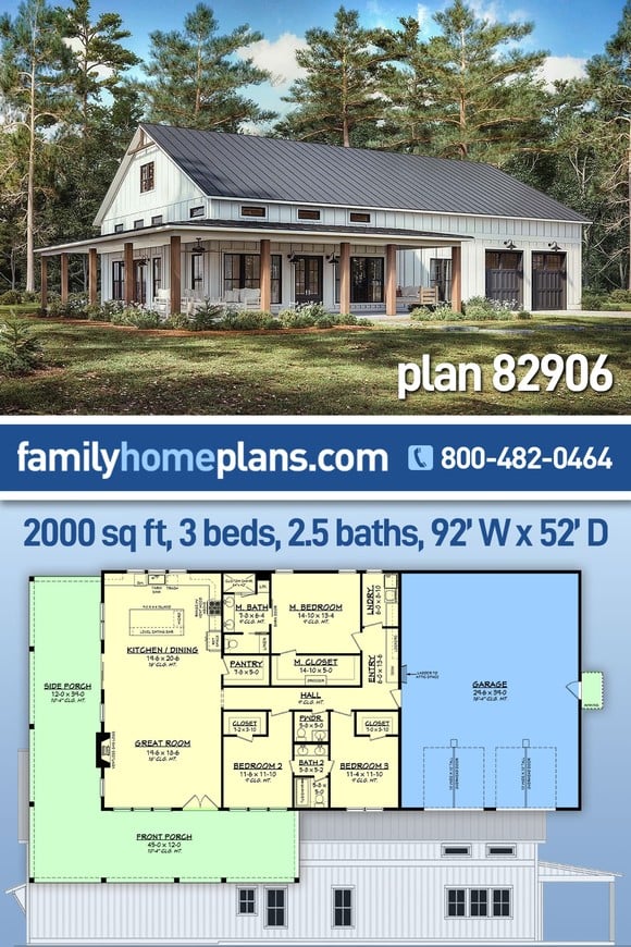 Barndominium, Country, Farmhouse, Traditional House Plan 82906 with 3 Beds, 3 Baths, 2 Car Garage