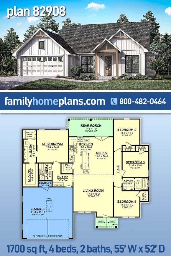 Country, Farmhouse, Traditional House Plan 82908 with 4 Beds, 2 Baths, 2 Car Garage