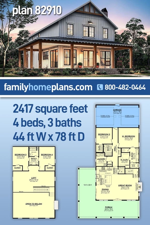 Barndominium, Country, Farmhouse, Southern House Plan 82910 with 4 Beds, 3 Baths, 1 Car Garage