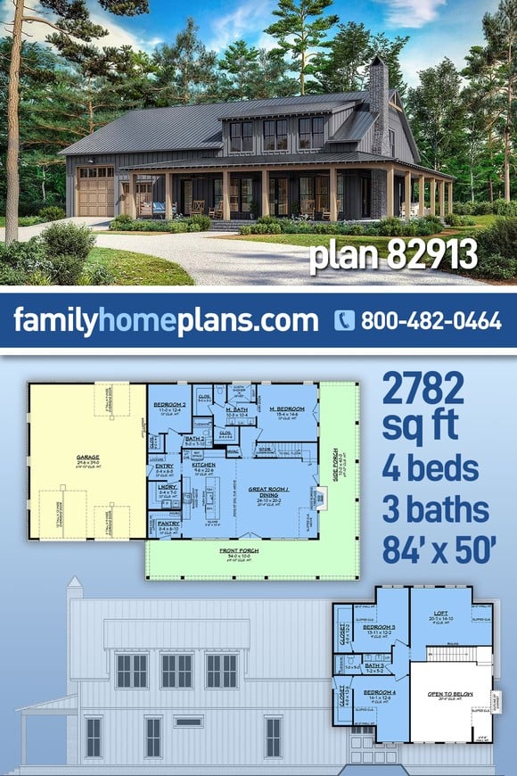 Barndominium, Farmhouse, Southern House Plan 82913 with 4 Beds, 3 Baths, 4 Car Garage