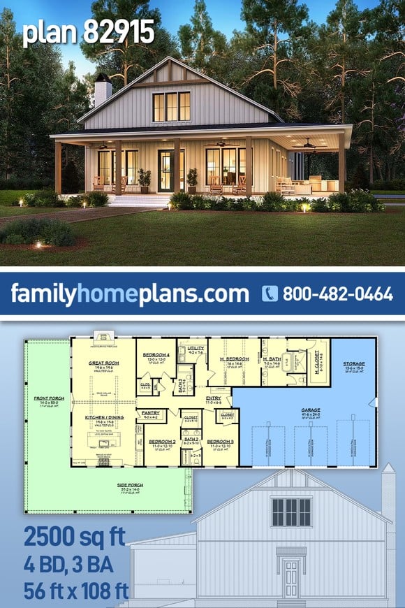 Barndominium, Country, Farmhouse, Traditional House Plan 82915 with 4 Beds, 3 Baths, 3 Car Garage