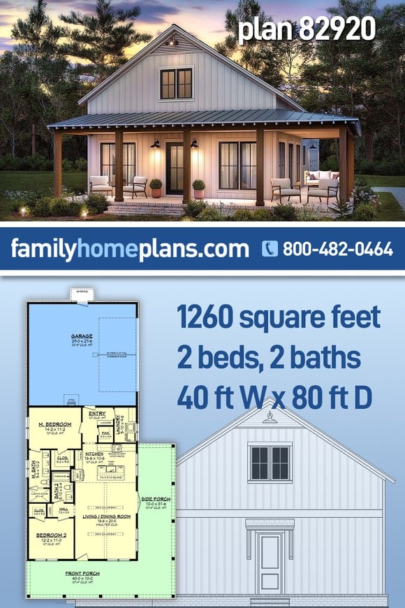 Barndominium, Country, Farmhouse, Traditional House Plan 82920 with 2 Beds, 2 Baths, 2 Car Garage
