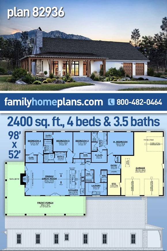Barndominium, Country, Farmhouse House Plan 82936 with 4 Beds, 4 Baths, 2 Car Garage