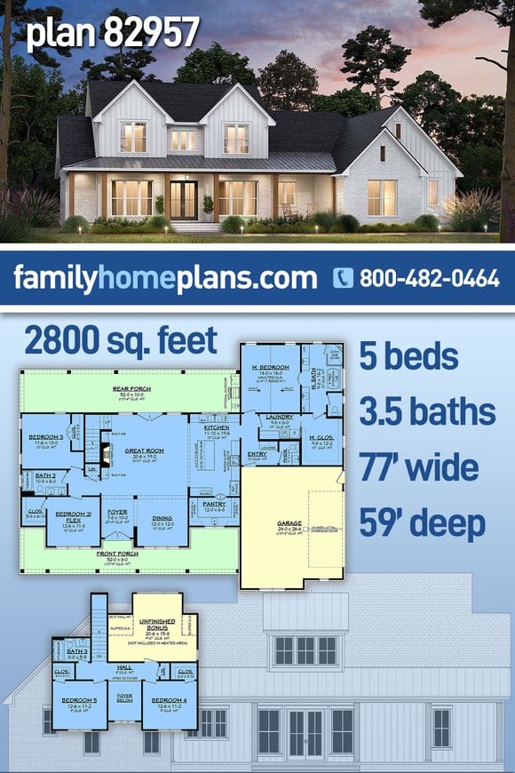 Country, Farmhouse, Southern House Plan 82957 with 5 Beds, 4 Baths, 2 Car Garage