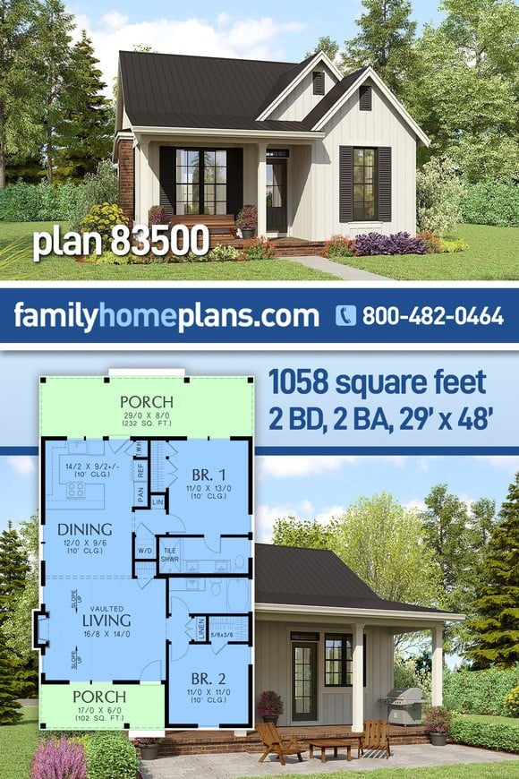 Cottage, Country, Farmhouse House Plan 83500 with 2 Beds, 2 Baths