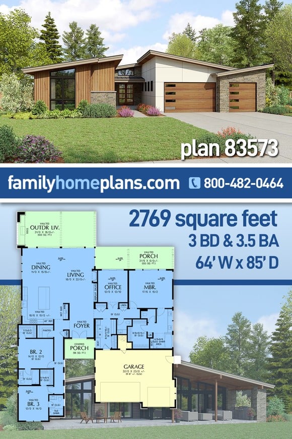 Contemporary, Ranch House Plan 83573 with 3 Beds, 4 Baths, 3 Car Garage