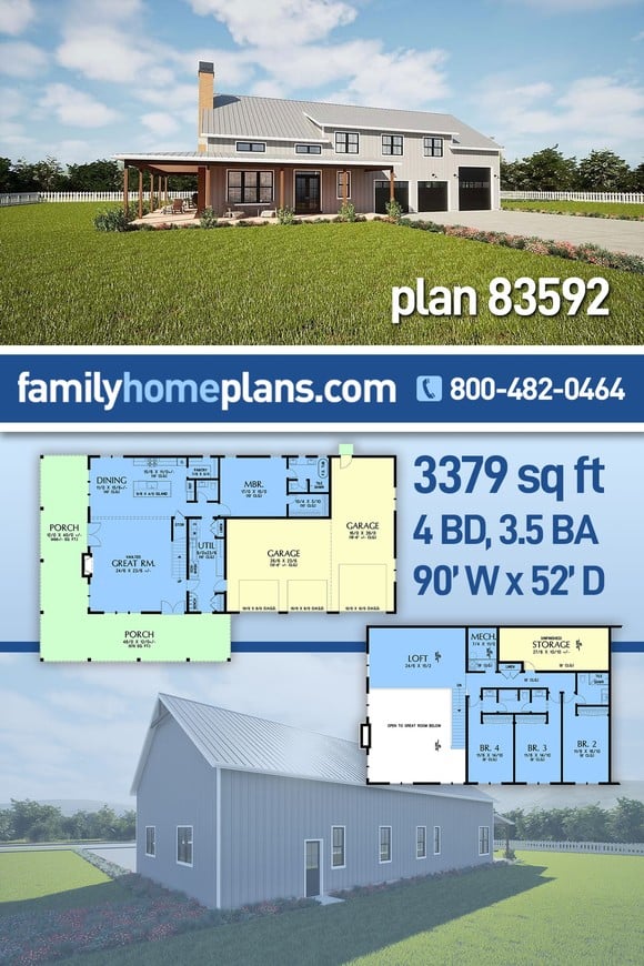 Barndominium, Farmhouse House Plan 83592 with 4 Beds, 4 Baths, 4 Car Garage