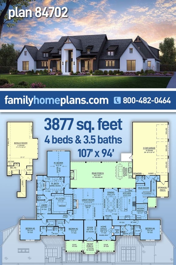 Contemporary, Farmhouse, New American Style House Plan 84702 with 4 Beds, 4 Baths, 3 Car Garage