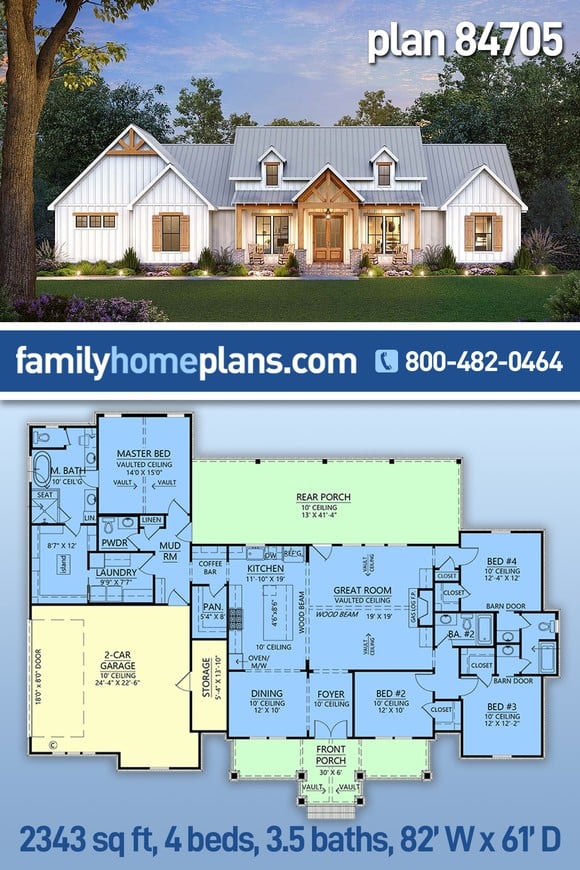 Country, Craftsman, Farmhouse, New American Style House Plan 84705 with 4 Beds, 4 Baths, 2 Car Garage