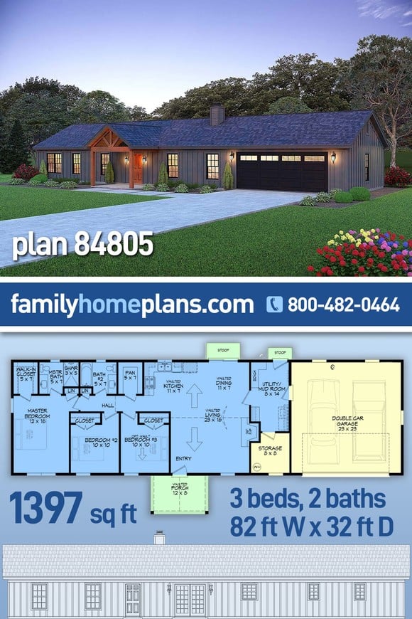 Country, One-Story, Ranch House Plan 84805 with 3 Beds, 2 Baths, 2 Car Garage