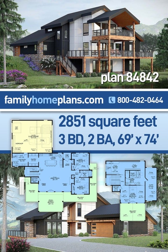 Coastal, Contemporary, Modern House Plan 84842 with 3 Beds, 2 Baths, 2 Car Garage