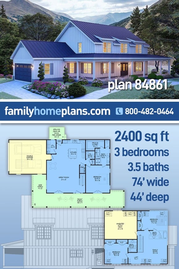 Country, Farmhouse House Plan 84861 with 3 Beds, 4 Baths, 2 Car Garage