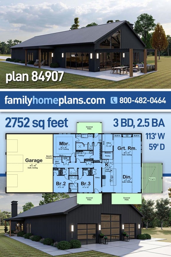 Barndominium, Country, Farmhouse House Plan 84907 with 3 Beds, 3 Baths, 3 Car Garage