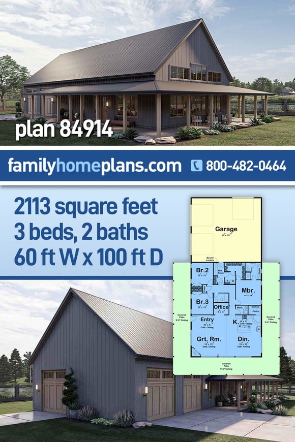 Barndominium, Country, Farmhouse, Southern House Plan 84914 with 3 Beds, 2 Baths, 3 Car Garage