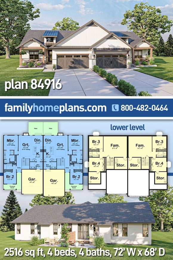 Country, Craftsman, Farmhouse, Traditional Multi-Family Plan 84916 with 4 Beds, 4 Baths, 4 Car Garage
