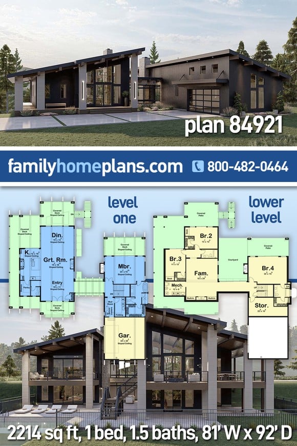 Coastal, Modern House Plan 84921 with 1 Beds, 2 Baths, 2 Car Garage