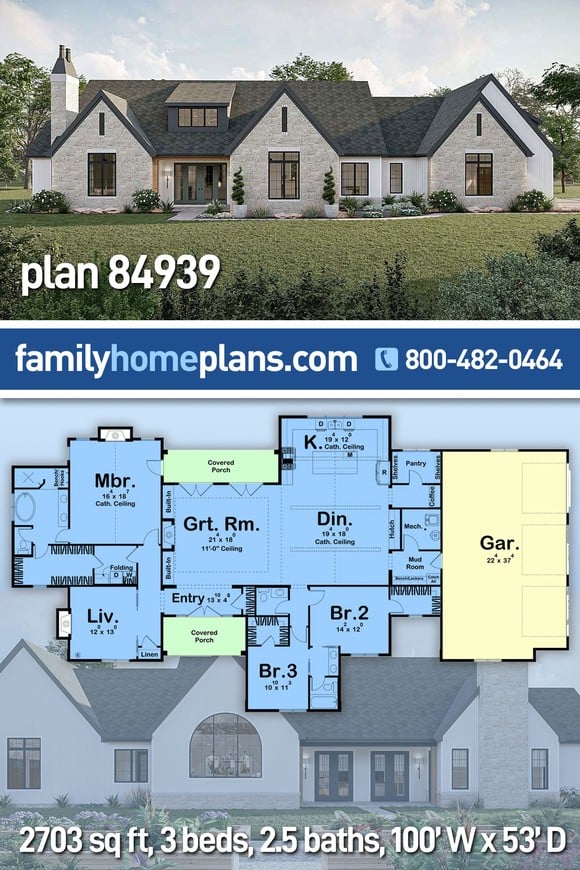 Contemporary, Cottage, Country, European House Plan 84939 with 3 Beds, 3 Baths, 3 Car Garage