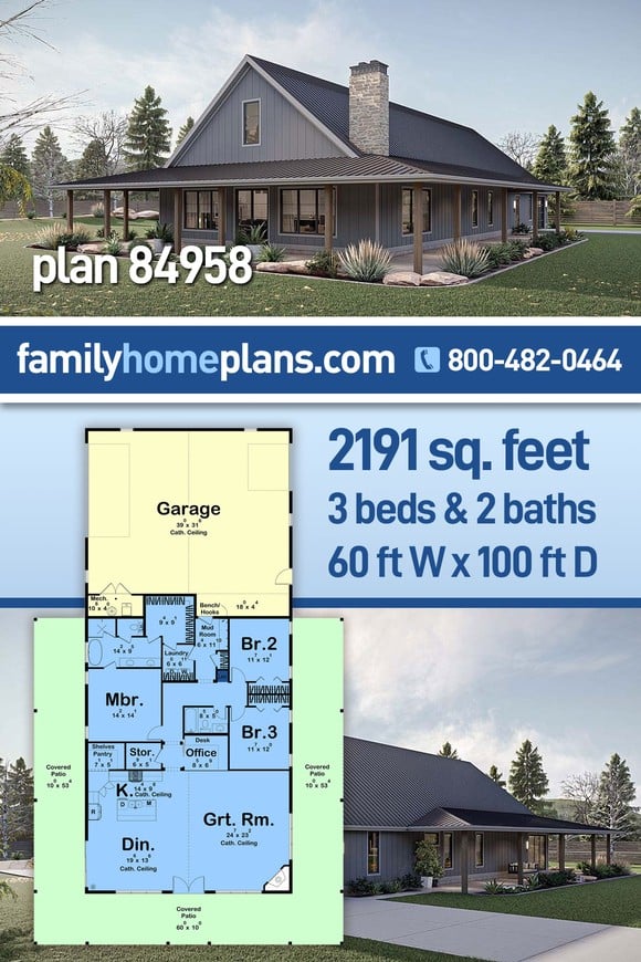 Barndominium, Country House Plan 84958 with 3 Beds, 2 Baths, 3 Car Garage