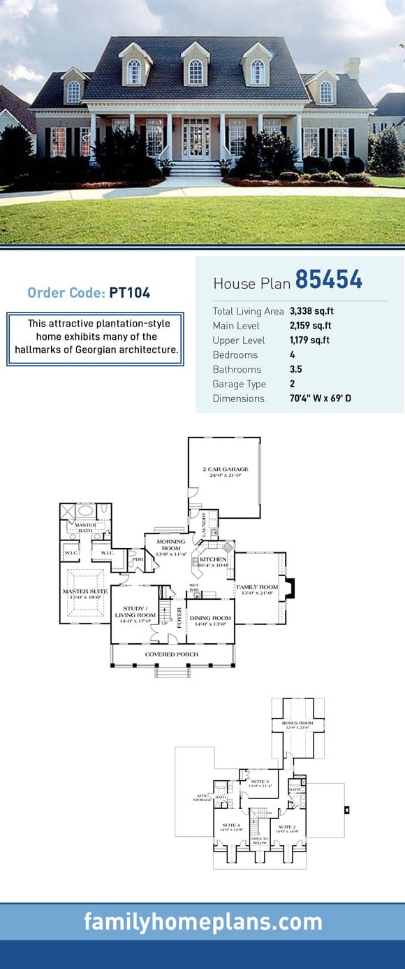 Colonial, Country, Farmhouse House Plan 85454 with 4 Beds, 4 Baths, 2 Car Garage
