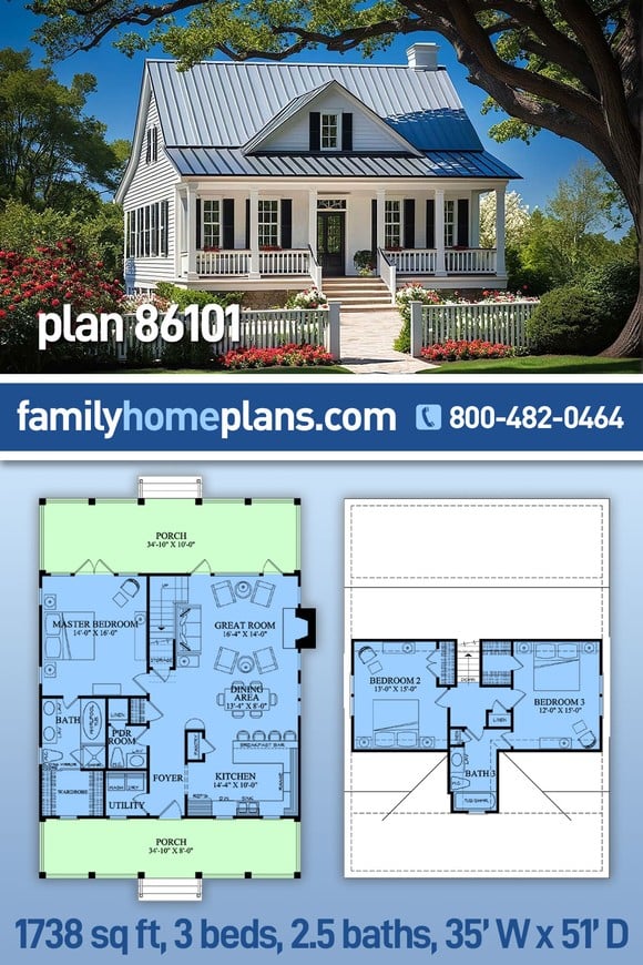 Cape Cod, Cottage, Country, Southern House Plan 86101 with 3 Beds, 3 Baths