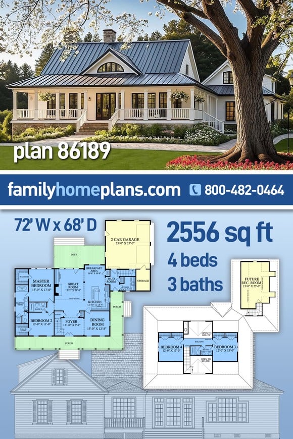 Country, Farmhouse, Traditional House Plan 86189 with 4 Beds, 3 Baths, 2 Car Garage