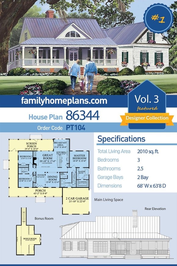 Country, Farmhouse, Southern House Plan 86344 with 3 Beds, 3 Baths, 2 Car Garage