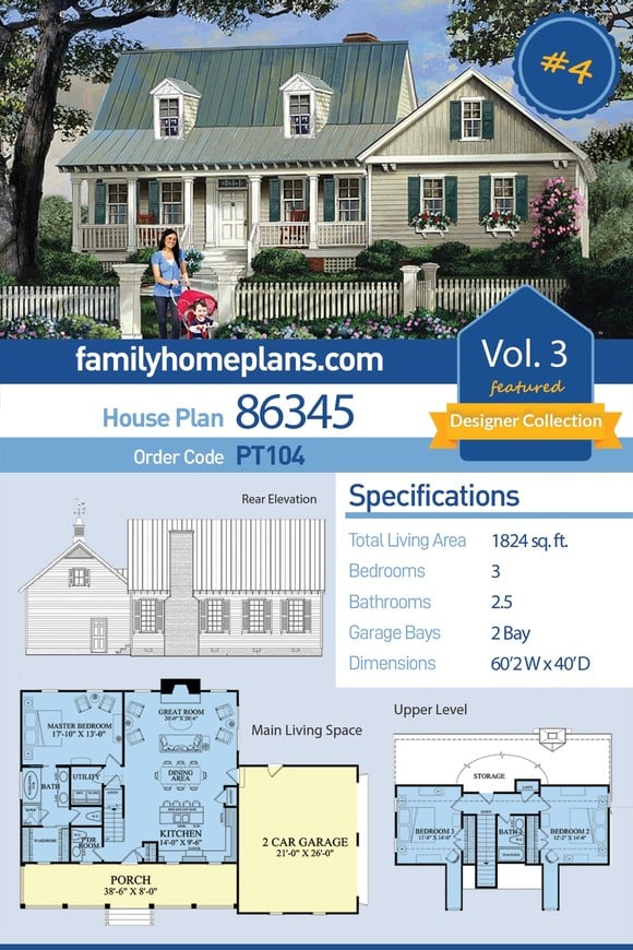 Cape Cod, Country, Southern House Plan 86345 with 3 Beds, 3 Baths, 2 Car Garage