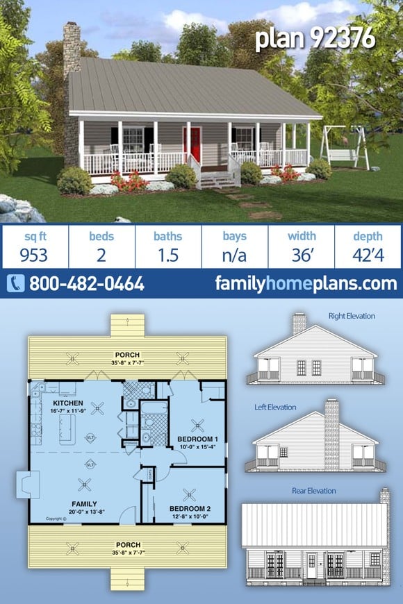 Cabin, Country, Ranch House Plan 92376 with 2 Beds, 2 Baths