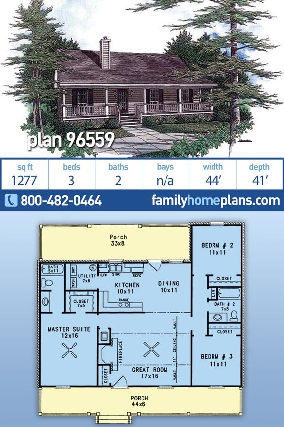 Cabin, Country, Ranch House Plan 96559 with 3 Beds, 2 Baths