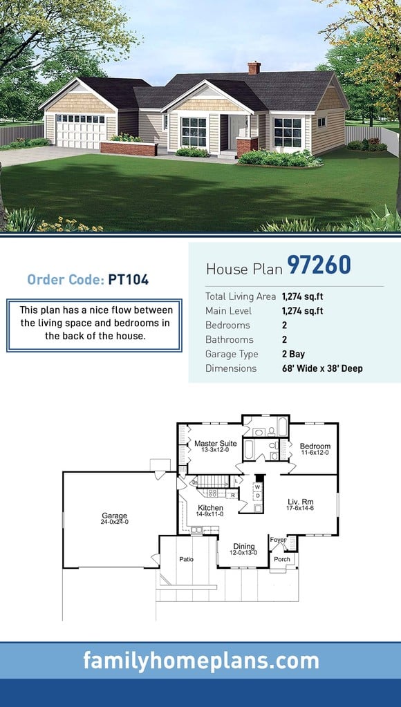 Country, Craftsman, Ranch, Traditional House Plan 97260 with 2 Beds, 2 Baths, 2 Car Garage