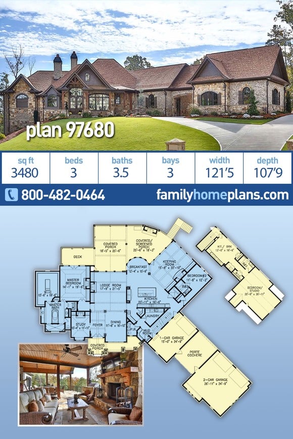 Craftsman, New American Style, Ranch, Tuscan House Plan 97680 with 3 Beds, 4 Baths, 3 Car Garage
