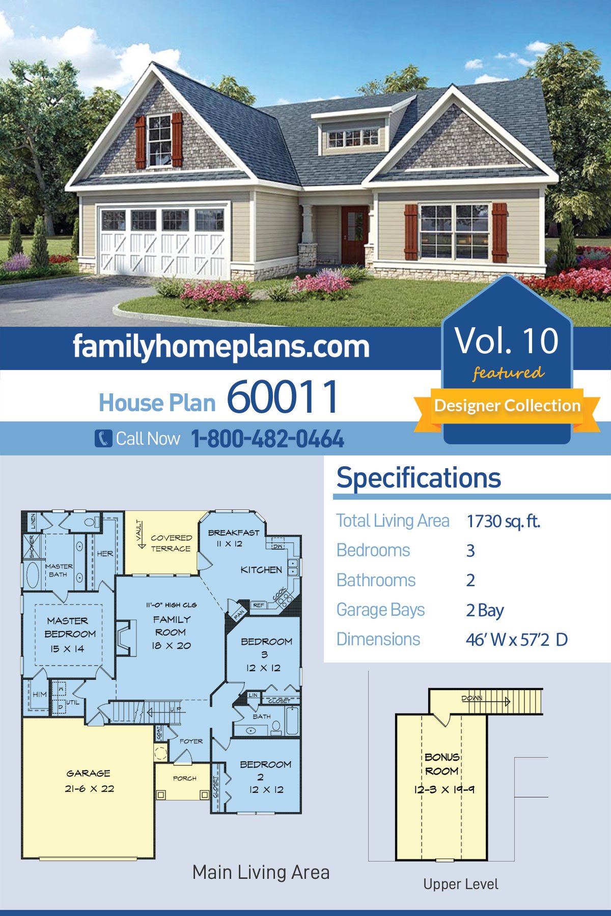 Plan 60011 | Traditional House Plan with Craftsman Details and a Large ...