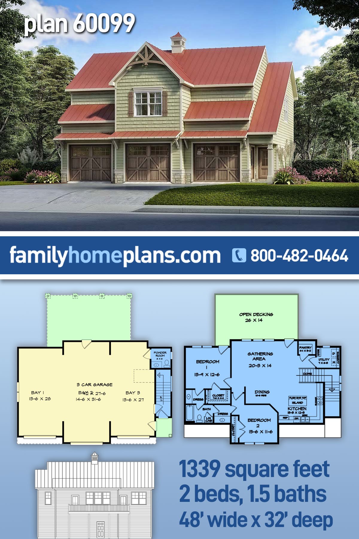 Plan 60099 | 2 Bed Farmhouse Style Garage Apartment Plan