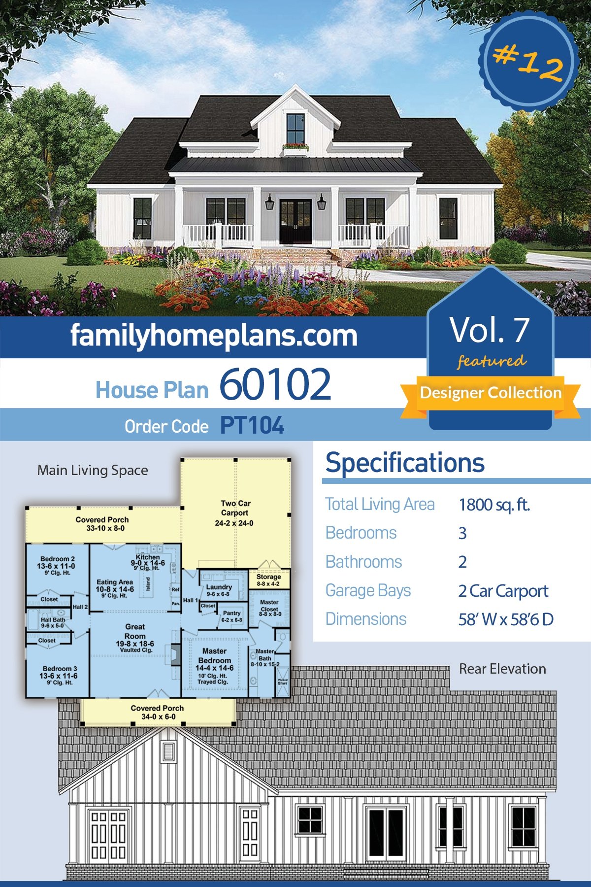 Country, Farmhouse, Southern Style House Plan 60102