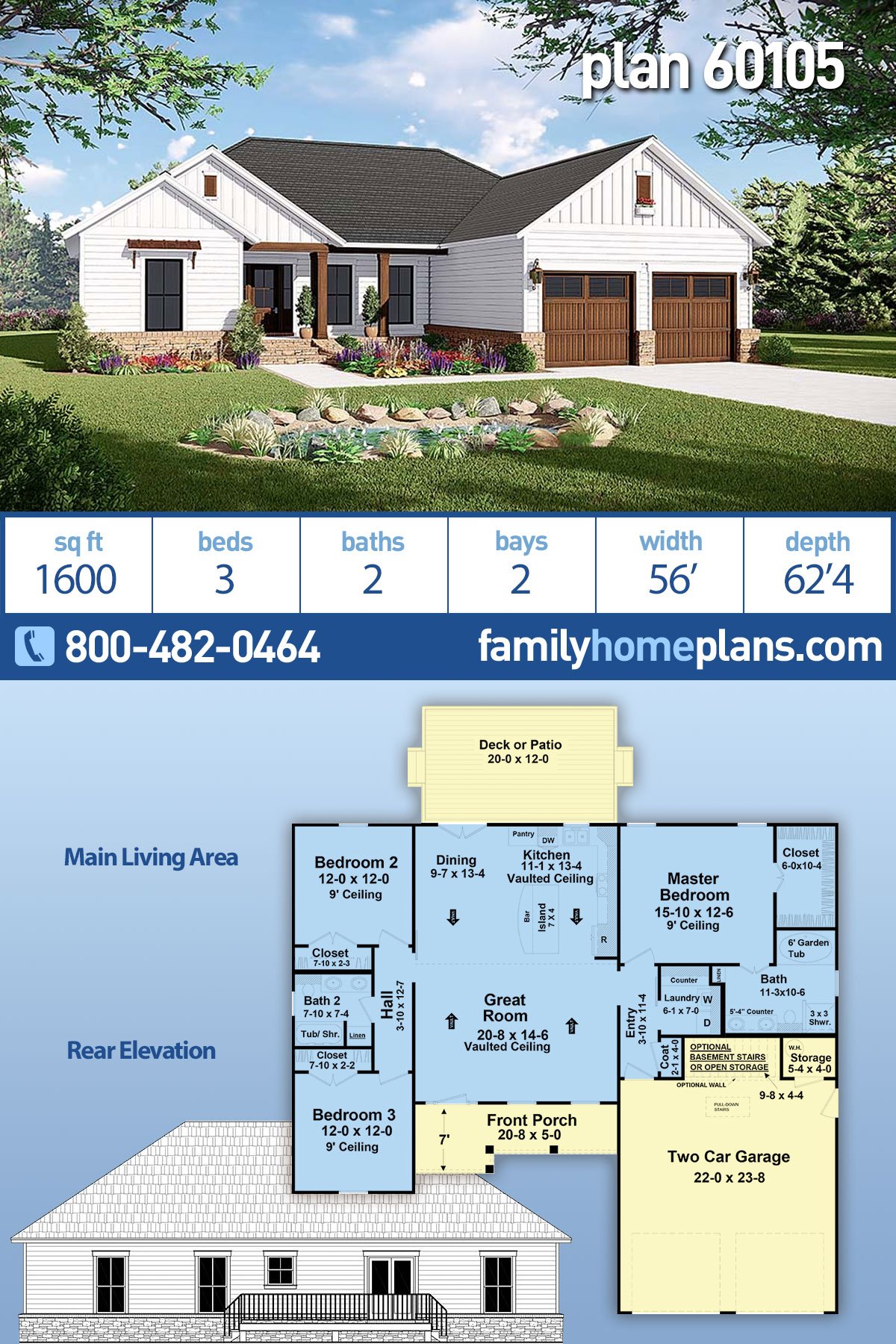 Country, Farmhouse, Ranch, Traditional House Plan 60105 with 3 Beds, 2 Baths, 2 Car Garage