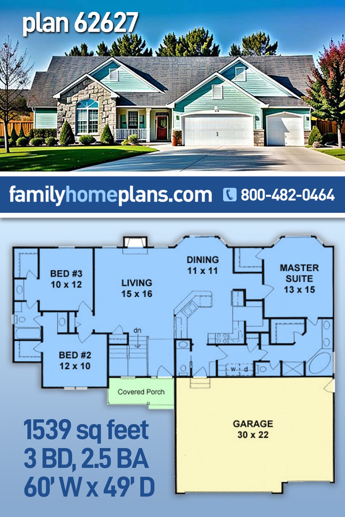 Ranch, Traditional House Plan 62627 with 3 Beds, 3 Baths, 3 Car Garage