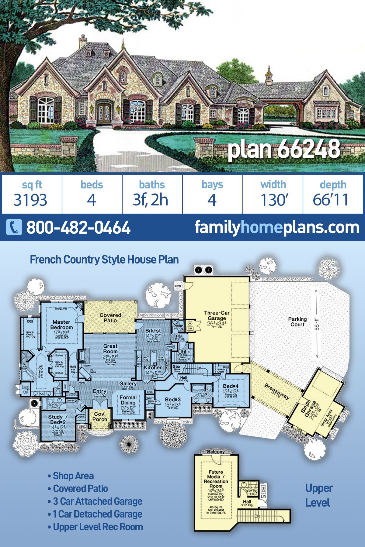 European, French Country House Plan 66248 with 4 Beds, 5 Baths, 4 Car Garage