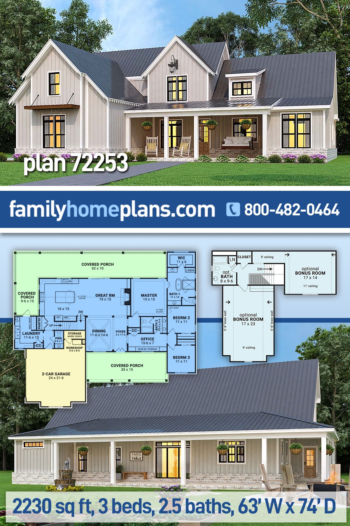 Plan 72253 | Traditional Style with 3 Bed, 3 Bath, 2 Car Garage