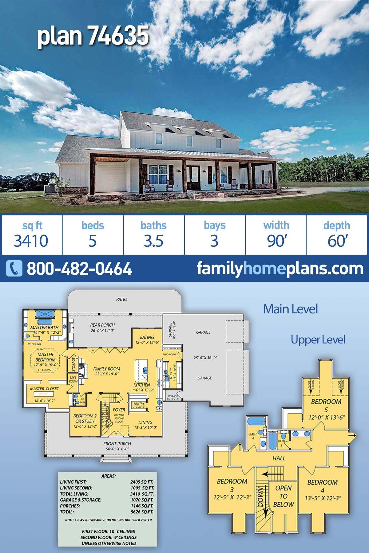 Country, Farmhouse, French Country House Plan 74635 with 5 Beds, 4 Baths, 3 Car Garage