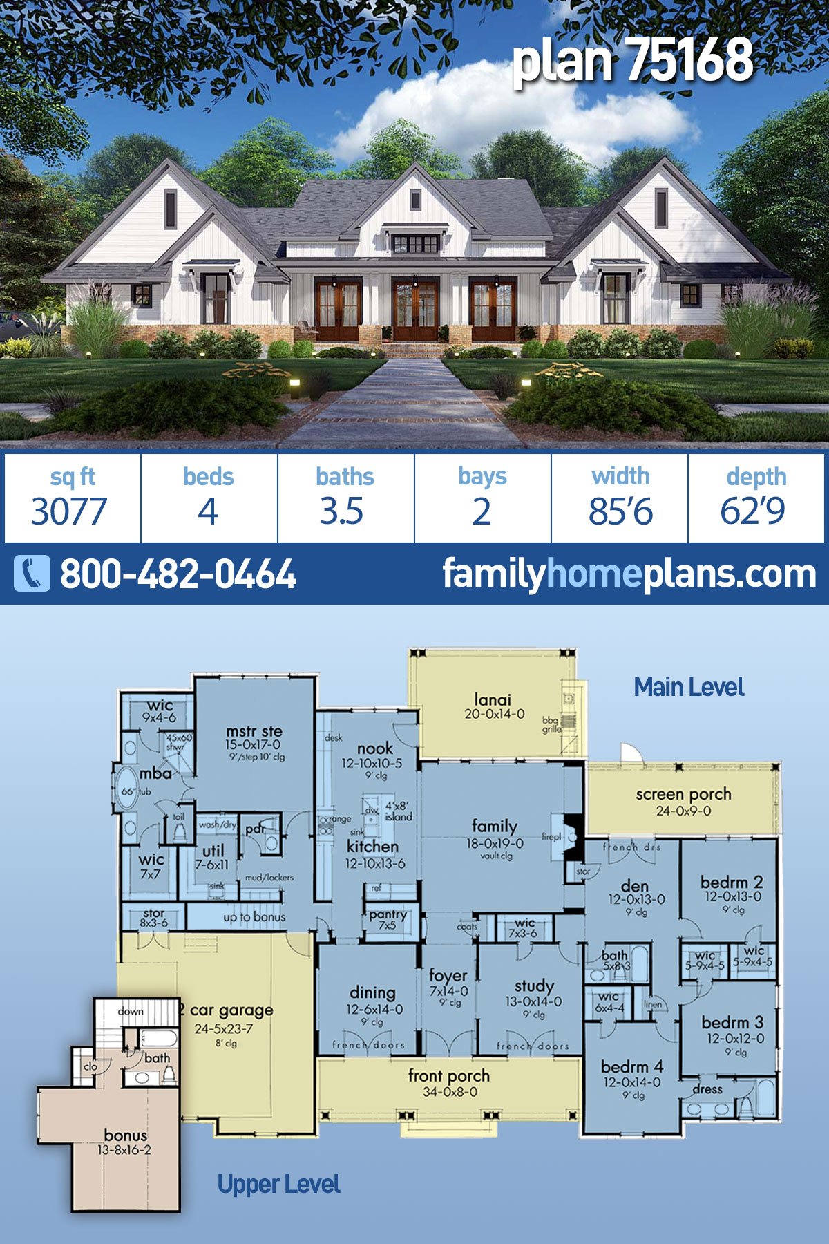 Country, Farmhouse, Ranch, Southern House Plan 75168 with 4 Beds, 4 Baths, 2 Car Garage
