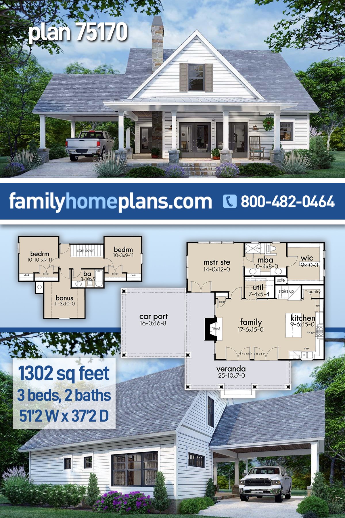 Cottage, Farmhouse House Plan 75170 with 3 Beds, 2 Baths