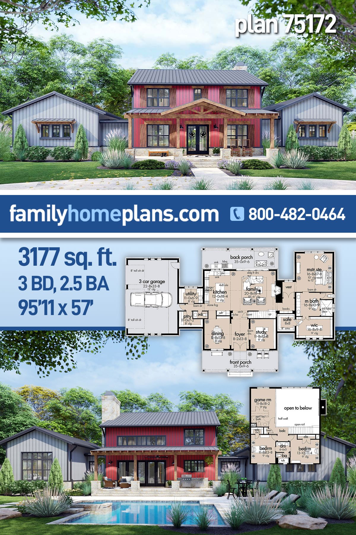 Country, Farmhouse House Plan 75172 with 3 Beds, 3 Baths, 3 Car Garage