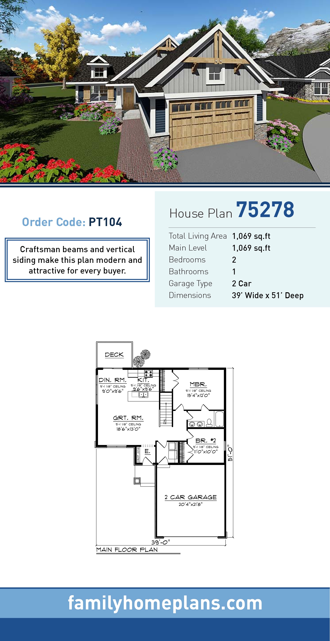 Plan 75278 | Small 2 Bed 1 Bath Craftsman Home Plan