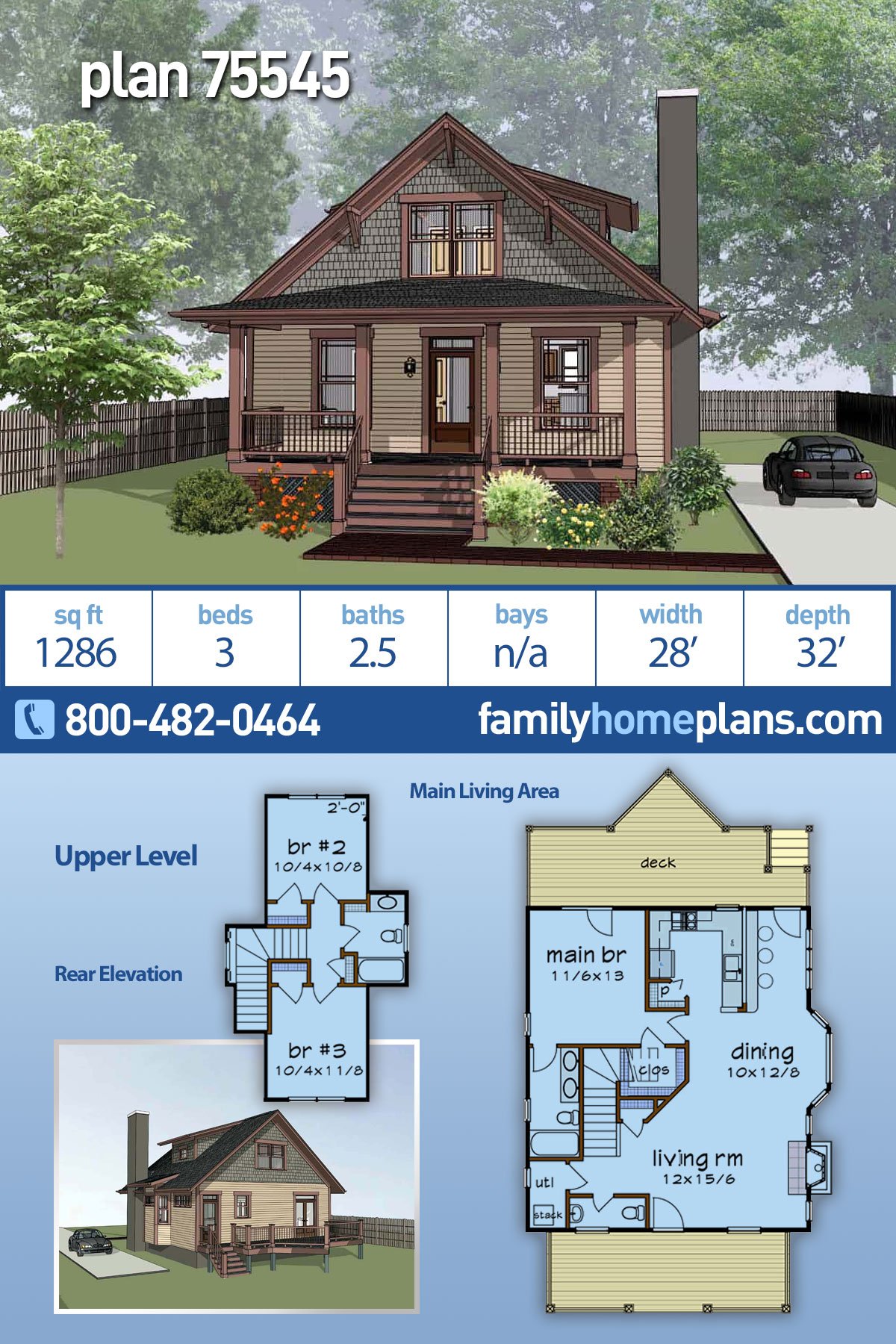 Plan 75545 | Bungalow Style with 3 Bed, 3 Bath