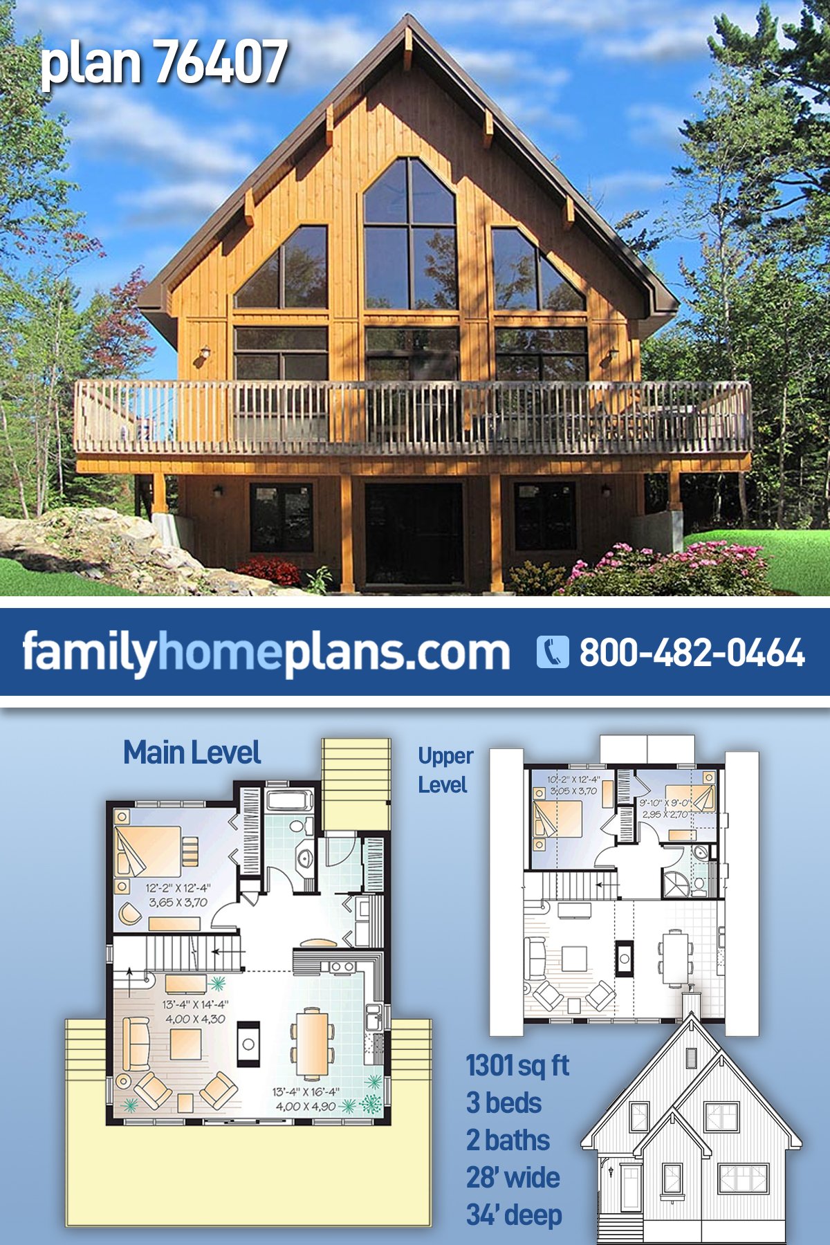 Cabin, Contemporary House Plan 76407 with 3 Beds, 2 Baths