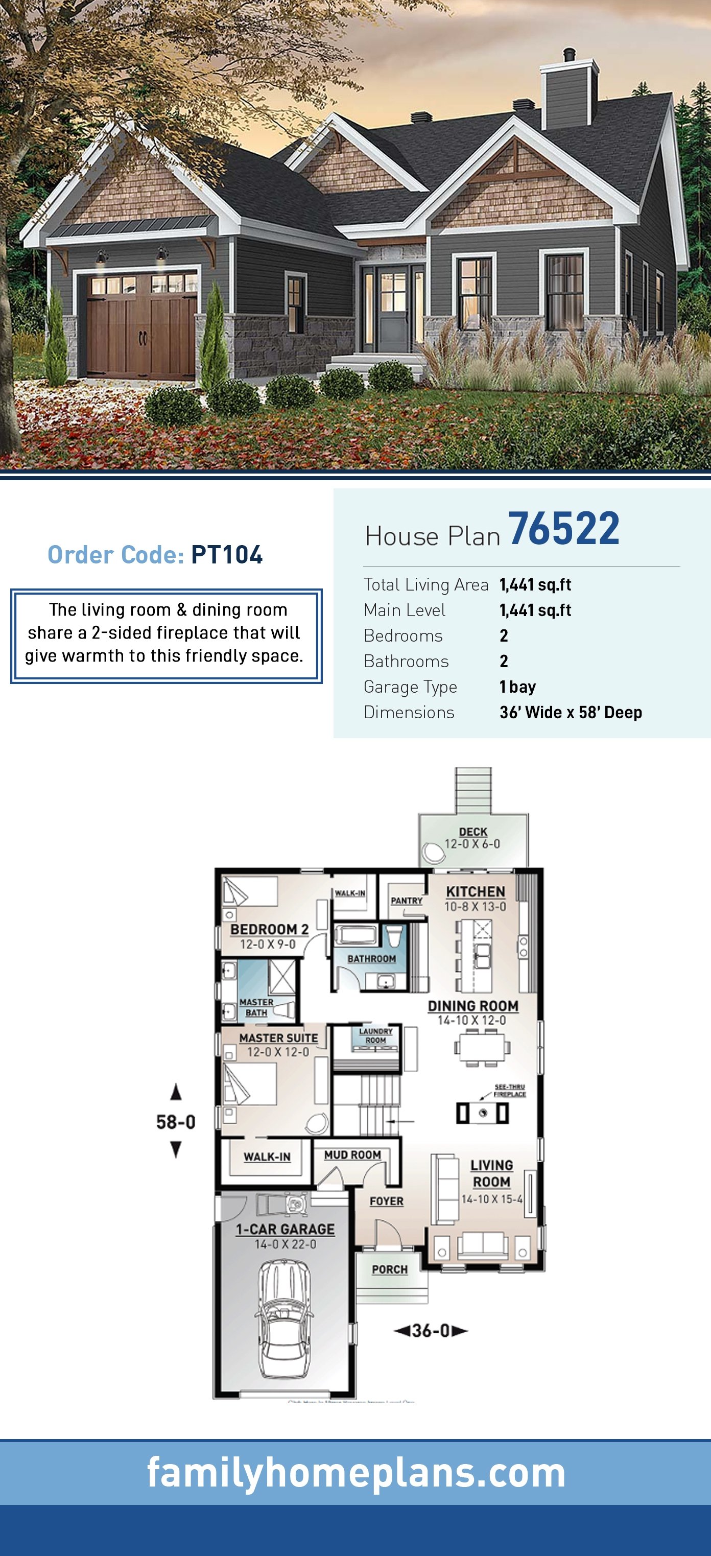 Country, Craftsman, Farmhouse, Modern House Plan 76522 with 2 Beds, 2 Baths, 1 Car Garage